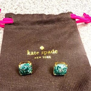 Kate Spade Emerald Green Sparkle Confetti Earrings with gold accent.